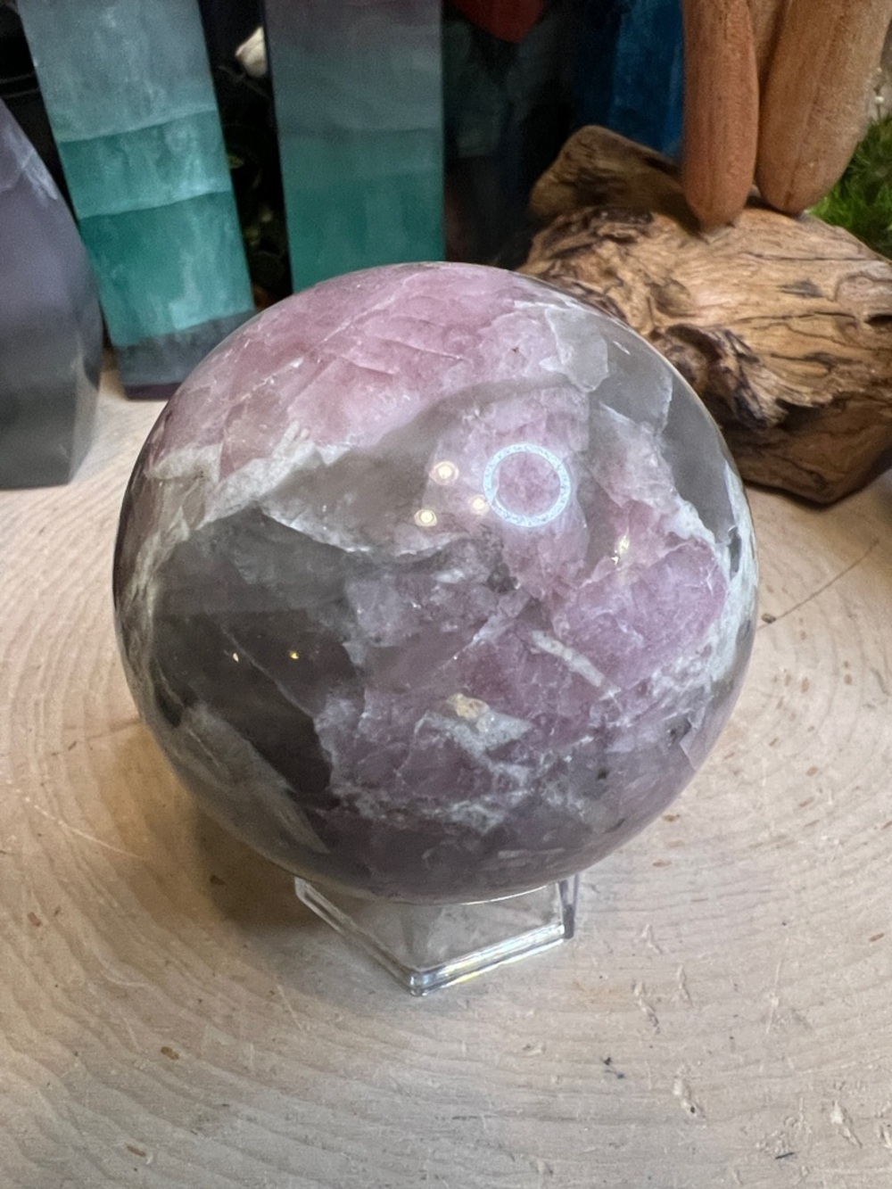Pink tourmaline and smoky quartz sphere